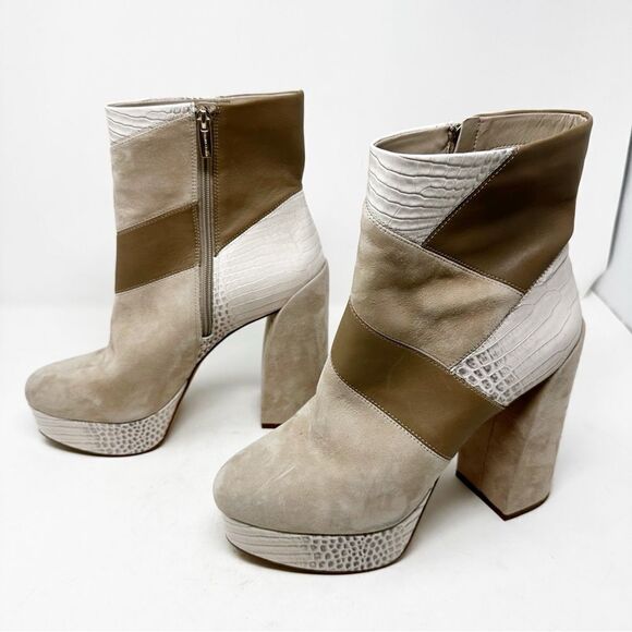 Vince Camuto Gilisama Beige Cream Suede Platform Heel Booties Patchwork Retro - Picture 6 of 10